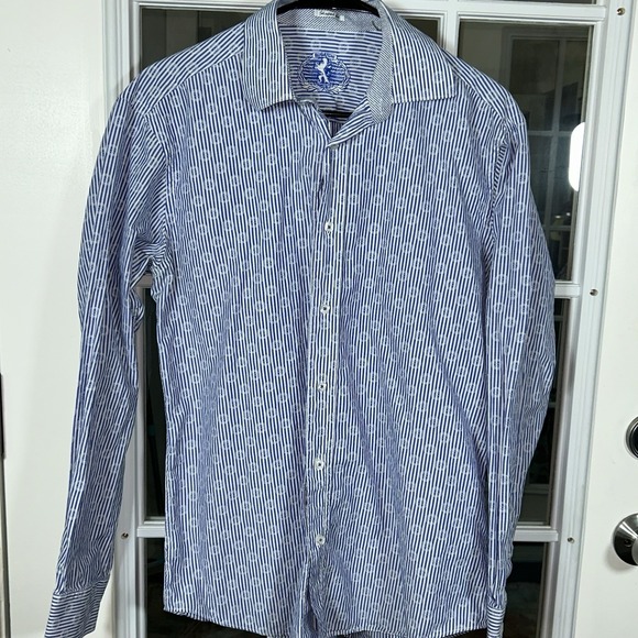 Bugatchi Other - Bugatchi Shaped Fit Blue White Stripe Medallion Print Dress Shirt Men's Medium